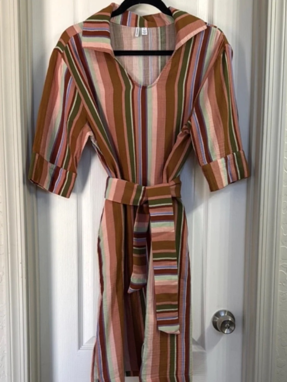 Nordstrom Brown and Tan Striped Collared Midi Dress Size M
